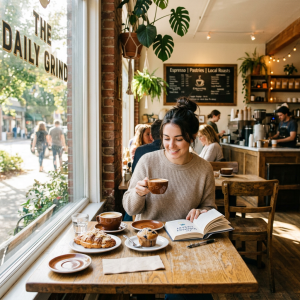 Woman drinking coffee and reading a book at a café table with pastries
